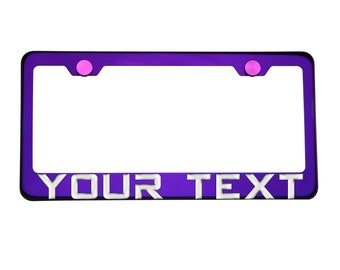 Custom 3D Metal Text Letter Purple Chrome License Plate Frame w/ Metal Screw Cap