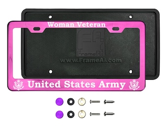 Black Chrome Customized Polish Stainless Steel Laser Engraved License Plate Frame with Silicone Guard for United States Army Woman Veteran