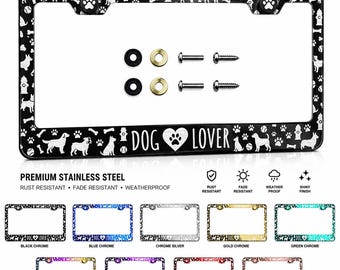Dog Lover Stainless Steel License Plate Frame | Laser Etched Paw Print Frame | Mirror Finish | Rustproof | Gift for Dog Mom Dog Dad