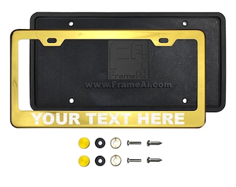 Ka Depot Customize Laser Etched Gold Chrome License Plate Frame T304 Stainless Steel + Metal Screw Caps+Silicone Back Guard