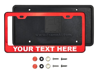 Ka Depot Customize Laser Etched Red Chrome License Plate Frame T304 Stainless Steel + Metal Screw Caps+Silicone Back Guard