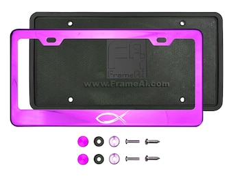 Christian Fish Symbol Laser Etched Stainless Steel Customize Laser Engraved License Plate Frame Holder Purple Black Blue Gold Green Neo