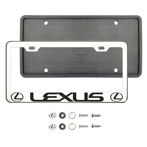 Fit Lexus Polish T304 Stainless Steel Customize Laser Etching License Plate Frame Holder + Metal Screw Caps + Silicone Back  Guard Combo