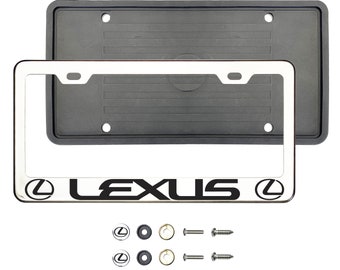 Fit Lexus Polish T304 Stainless Steel Customize Laser Etching License Plate Frame Holder + Metal Screw Caps + Silicone Back  Guard Combo
