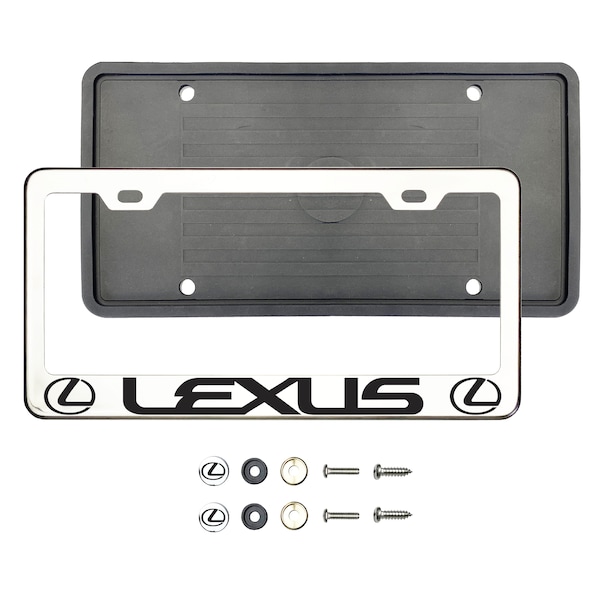 Fit Lexus Polish T304 Stainless Steel Customize Laser Etching License Plate Frame Holder + Metal Screw Caps + Silicone Back  Guard Combo