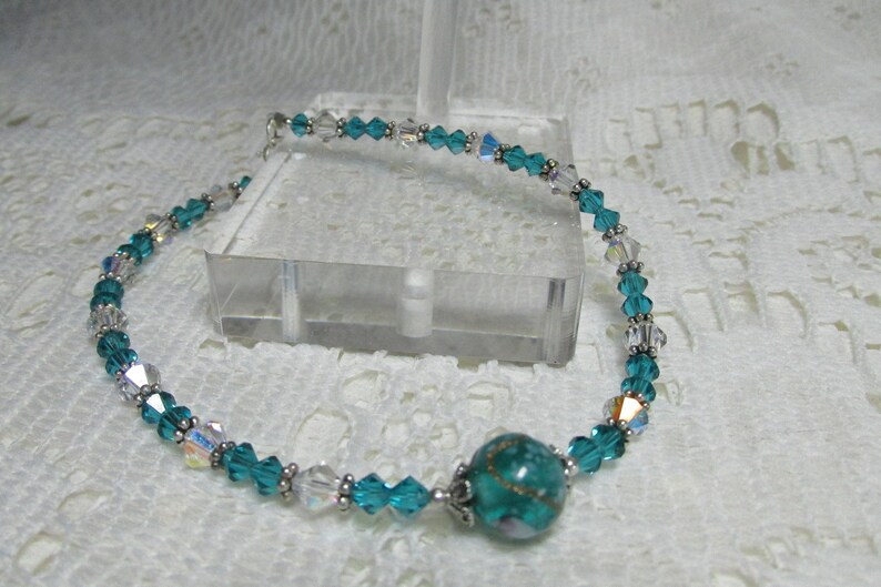 Handmade ZIRCON green And Crystal Ab Flower Sterling Silver Spacers Anklet