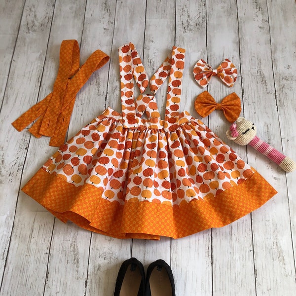 Halloween suspender skirt, toddler girl pumpkin skirt, toddler girl fall suspender skirt, girl crisscross straps skirt, FREE BOW.