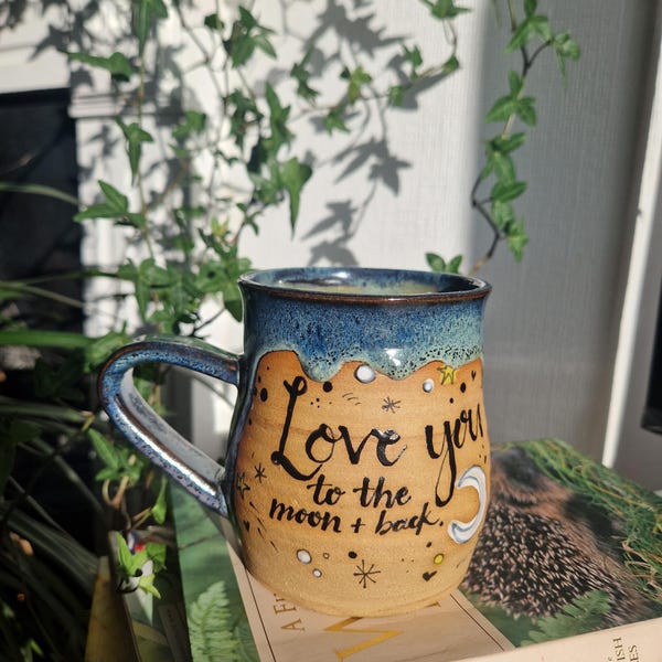 Handmade 'love you to the moon and back' stoneware pottery mug