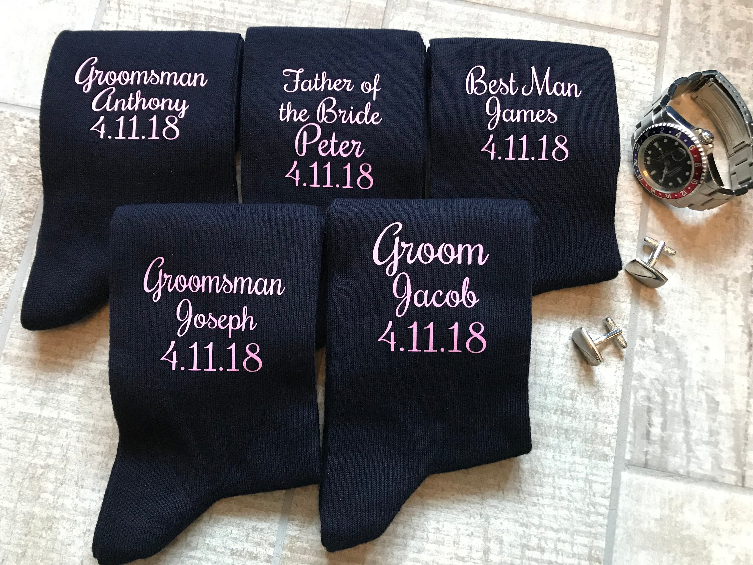 Image of Navy Groomsmen Socks Baby Pink Wording