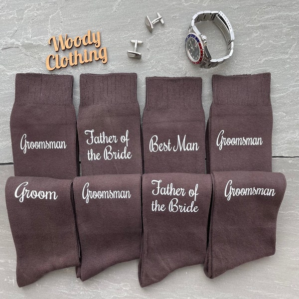 Brown Groomsmen socks white wording, chocolate brown, coffee brown