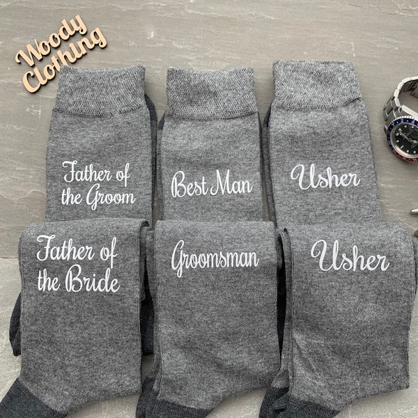 Grey groomsmen socks white wording