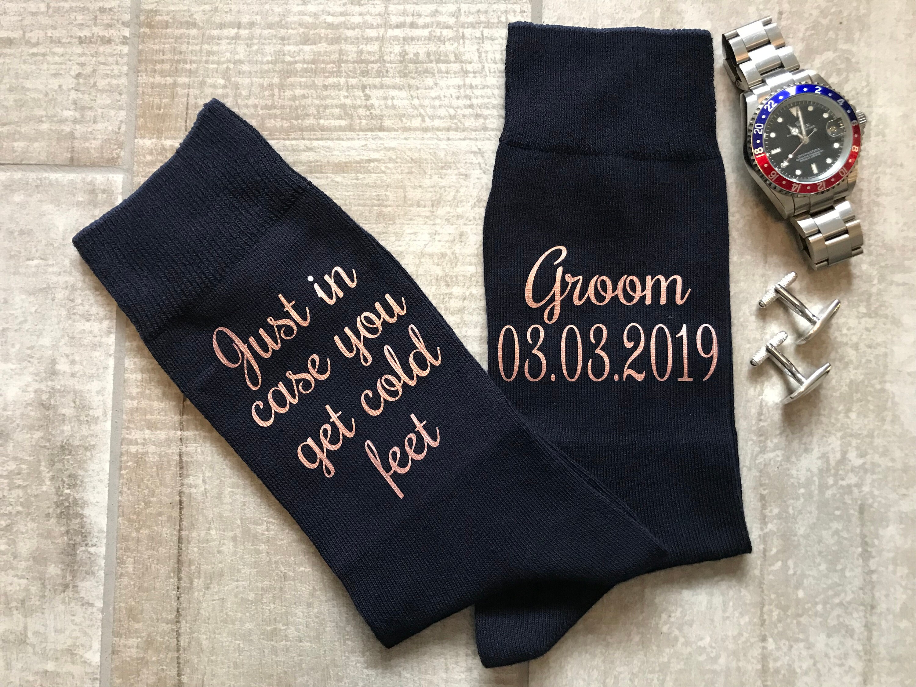 Image of Black Socks, Navy Groomsmen Socks Rose Gold Wording