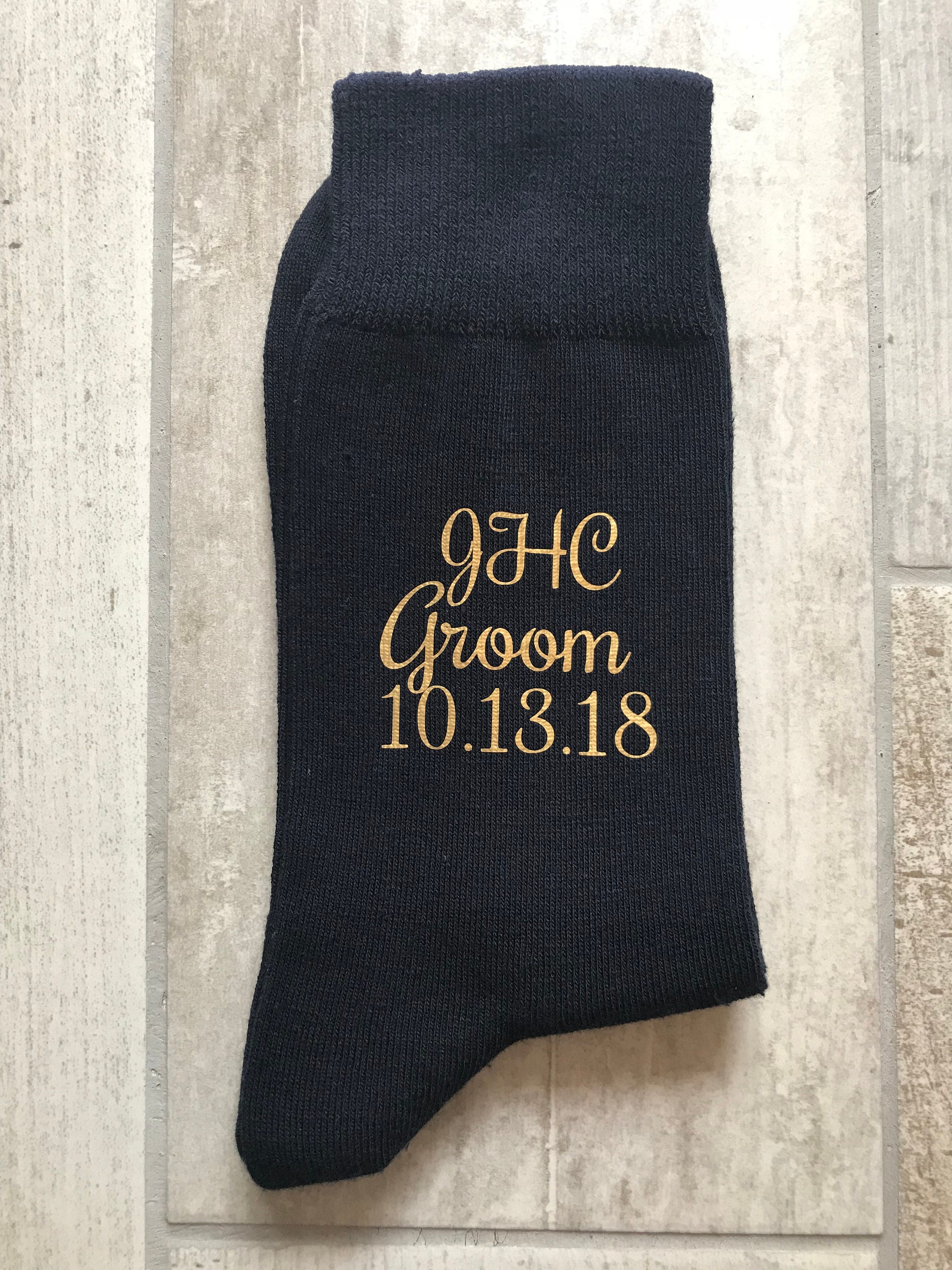 Image of Groom Socks, Groomsmen Personalised Socks, Groom & Date Navy Just in Case You Get Cold Feet Socks