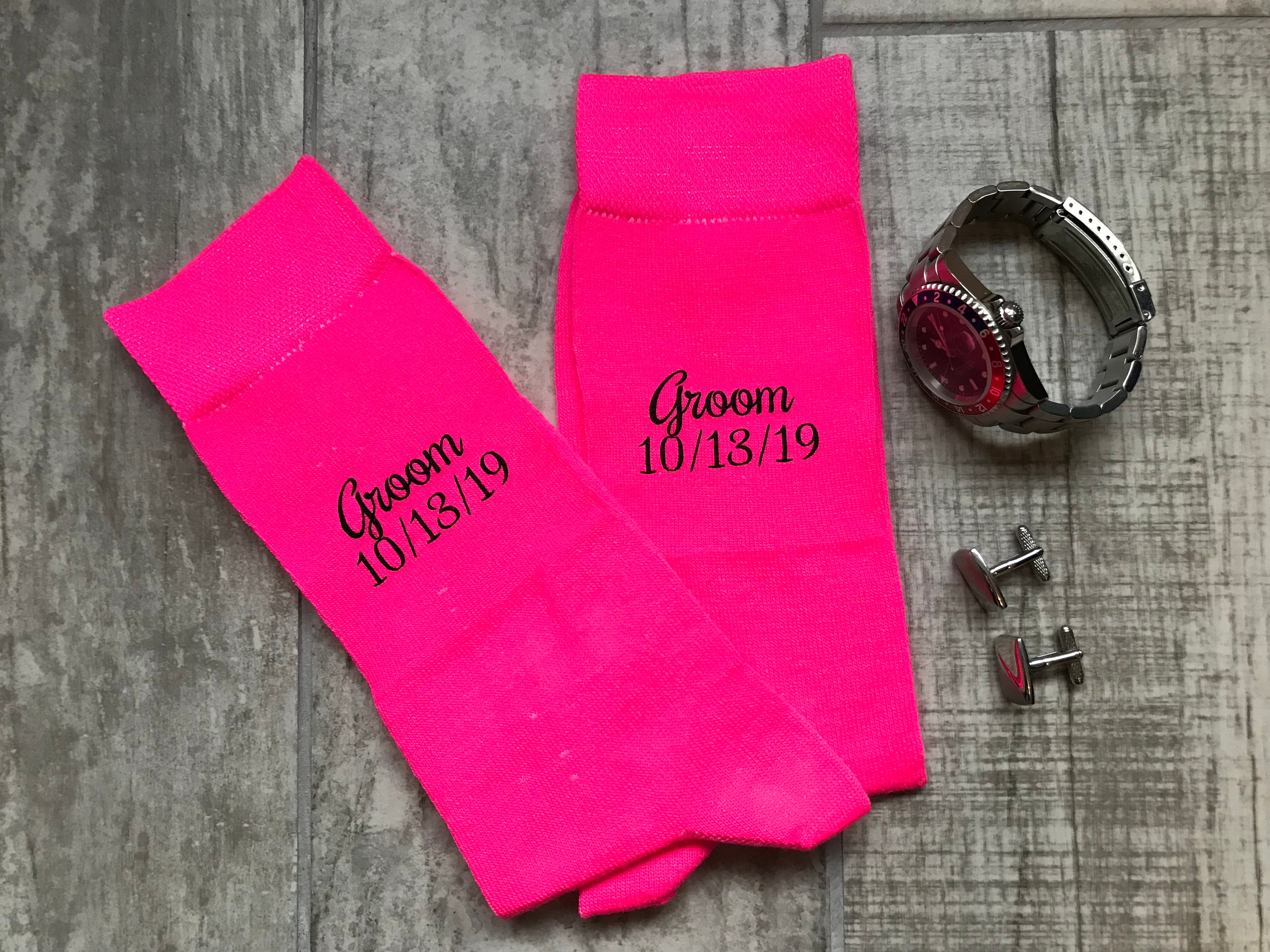 Image of Neon Pink Groomsmen Socks Black Wording