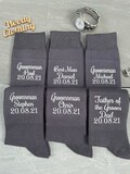 Grey groomsmen socks white wording