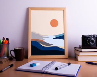 Sunset Geometric Art Poster Print: Mid-Century Modern Scandinavian Landscape