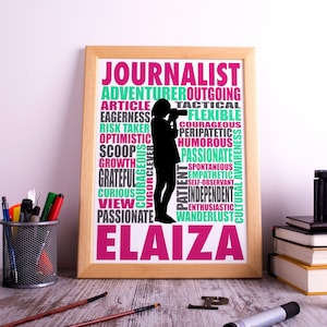 May include: A framed print with a word cloud design featuring the word "Journalist" in large pink letters. The word cloud is surrounded by a silhouette of a person holding a camera. The print is on a wooden table with a camera, pencils, and other office supplies.