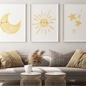 Moon Sun Stars Wall Art, Minimalist Celestial Wall Art, Moon Sun Stars Triptych, Nursery, Room Decor, Modern Abstract Art Print