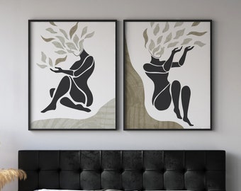 Beautiful Abstract Woman Wall Art Decor, Leaves Shape Woman Head Abstract Wall Art Decor, 2 Print Set, Set of 2, Wall Art Print