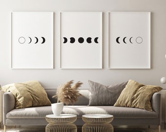 Moon Phases Wall Art Decor, Minimalist Wall Art, Moon Phase Art, Moon Print, Moon Phases Poster, Lunar Phases Wall Art Decor, Set of 3