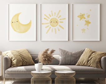 Minimalist Moon Sun Stars Triptych: Celestial Nursery Art Poster Print Set of 3