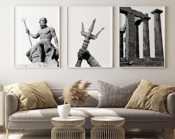 Poseidon Statue Poster Print Set of 3: Greek Mythology Wall Art Triptych