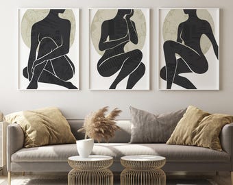 Abstract Woman Silhouette Art Poster Prints: Minimalist Giclee, Set of 3