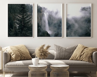 Waterfall Forest Mist Wall Art: Nature Landscape Triptych Poster Print Set of 3