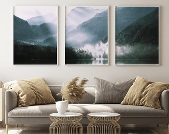 Mountain Lake Mist Giclee Poster Print Set of 3: Nature Landscape Triptych