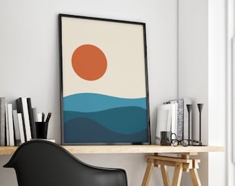 Sunset Sea Art Poster Print: Mid Century Modern Scandinavian Geometric Shapes