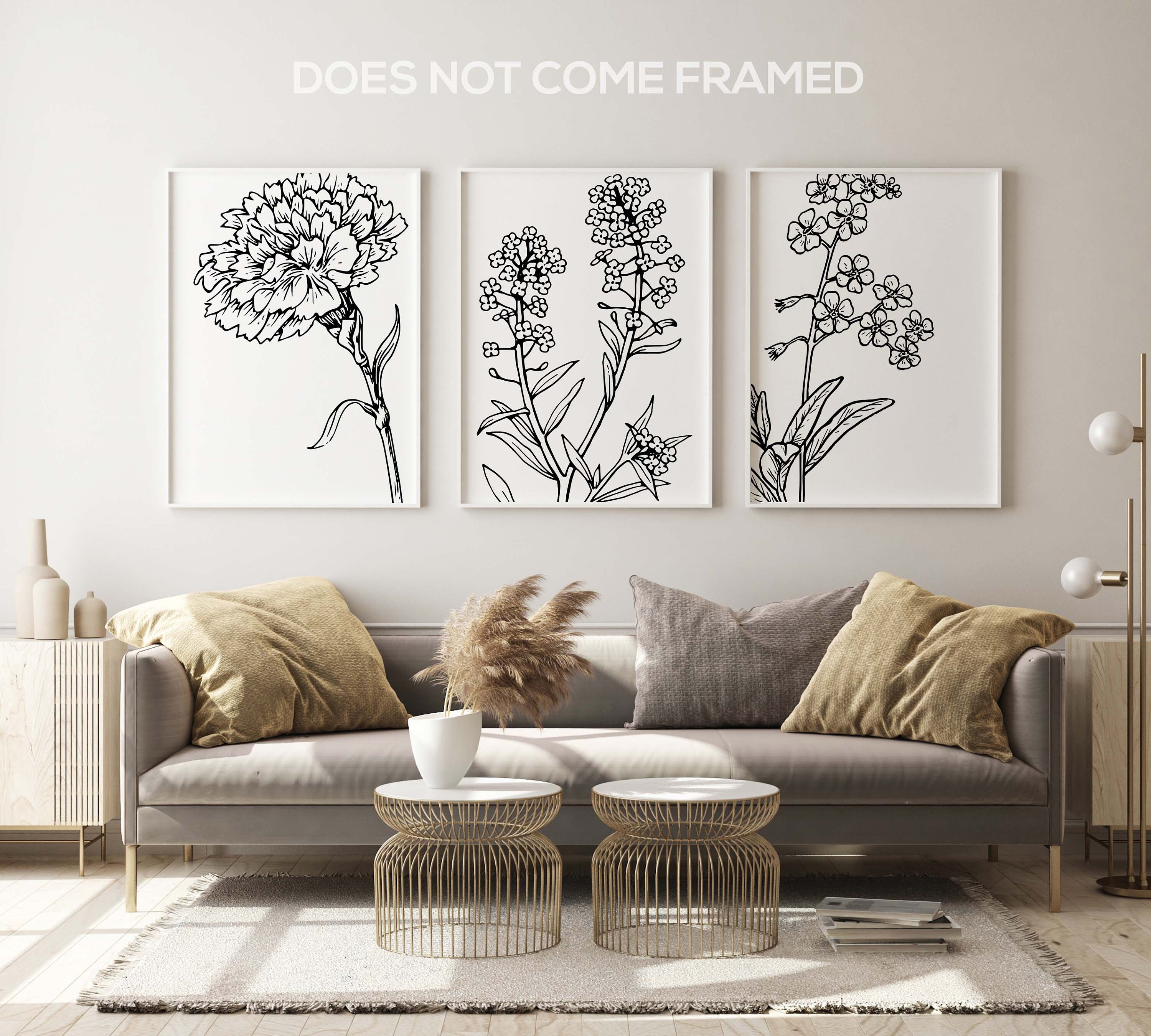 Minimalist Black White Flowers Triptych Wall Art Poster Print
