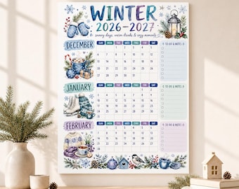 Winter 2026 Watercolor Calendar Poster, December - February Wall Planner Poster