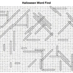 May include: A Halloween word search puzzle with words like "monster" and "witch" circled. The title "Halloween Word Find" is at the top. The puzzle is printed on white paper.