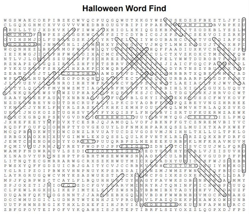 May include: A Halloween word search puzzle with words like "monster" and "witch" circled. The title "Halloween Word Find" is at the top. The puzzle is printed on white paper.