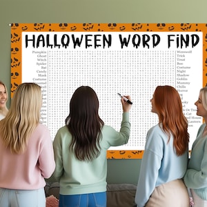 May include: A Halloween word search puzzle with an orange and black border featuring jack-o'-lanterns. The puzzle is titled "Halloween Word Find" and includes a list of Halloween-related words. Several people are gathered around the puzzle.
