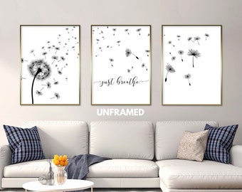 Just Breathe Wall Art, Just Breathe Dandelion Wall Art, Dandelion Printable Art, Dandelion Flower Print, Wall Art Canvas Poster Set of 3