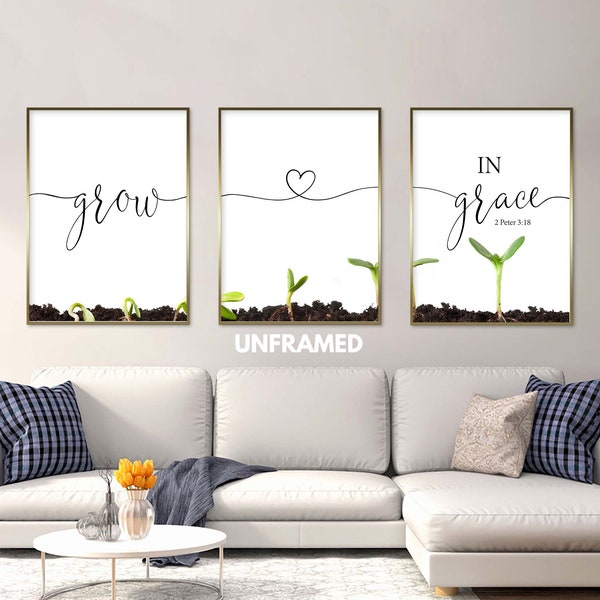 Grow In Grace Wall Art, Inspirational Bible Verse Printable Art, Plant Leaf Minimalist Wall Decor, Wall Art Decor Canvas Poster Set of 3