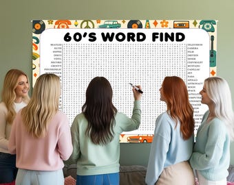 60's Word Search Game, Giant Crossword Puzzle, Large Word Find, Gathering Activity Poster