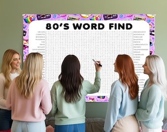 80's Word Search Game, Giant Crossword Puzzle, Large Word Find, Gathering Activity Poster