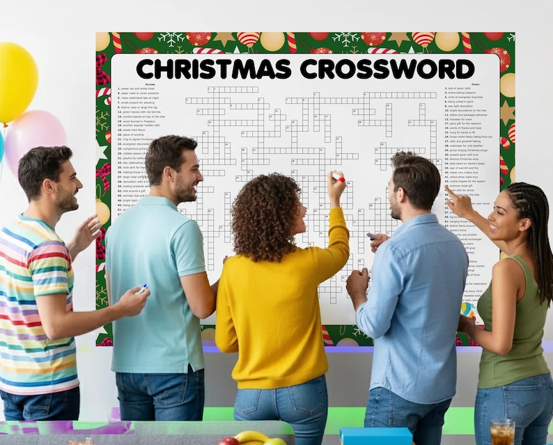 Op de afbeelding: Een groep mensen lost een groot kerstkruiswoordpuzzel op. De puzzel heeft een witte achtergrond met zwarte rasterlijnen en de woorden "Christmas Crossword" bovenaan. De rand is versierd met kerstversieringen en groen.