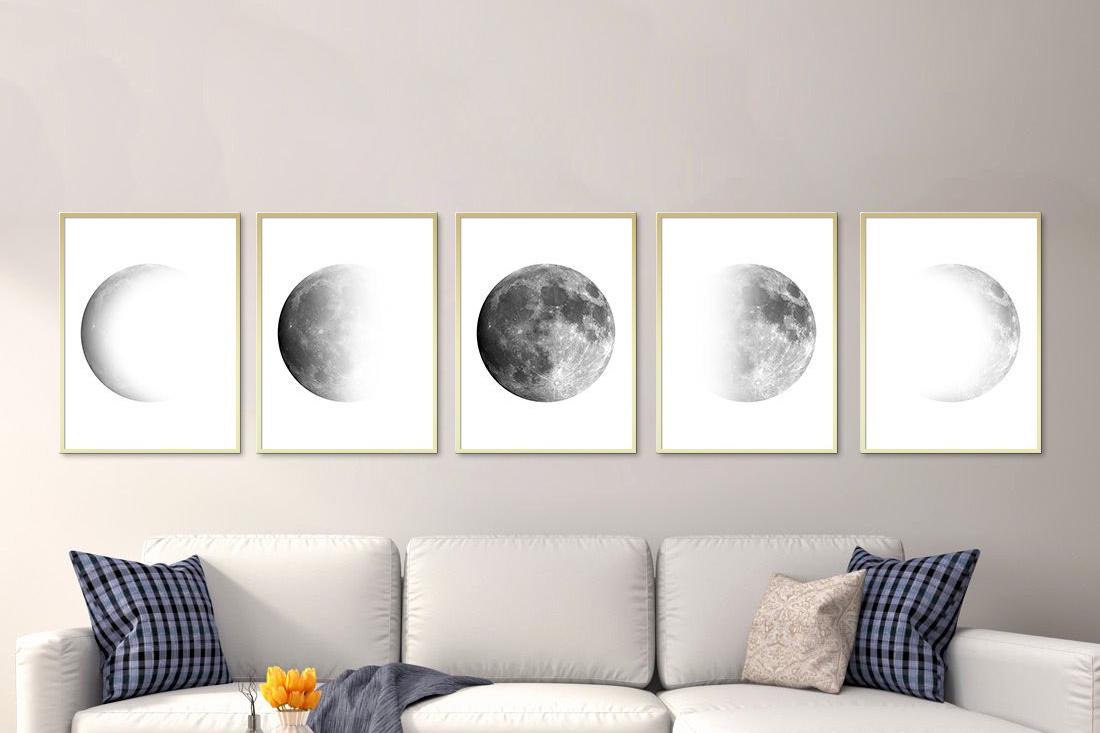 Moon Phase Poster Set, Lunar Prints, 5 Piece Set