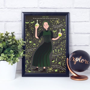 May include: A black and white illustrated poster of Marie Curie, a famous scientist. The poster features a quote from Marie Curie: "Be less curious about people and more curious about ideas." The poster also includes illustrations of beakers and other scientific equipment.
