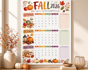 Fall 2026 Watercolor Calendar Poster, September-November Wall Planner Poster