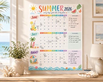 Summer 2026 Watercolor Calendar Poster, June-August Wall Planner