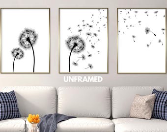 Minimalist Dandelion Flower Poster Print Set of 3: Modern Wall Art