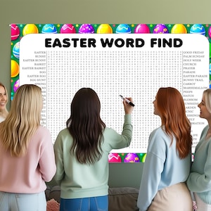 May include: A large Easter-themed word search puzzle with colorful Easter eggs at the top. The words to find are listed on the left and right sides. Several people are gathered around the puzzle, with one person using a marker.