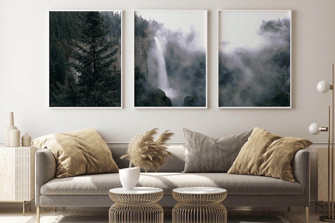 Waterfall Forest Mist Wall Art: Nature Landscape Triptych Poster Print ...