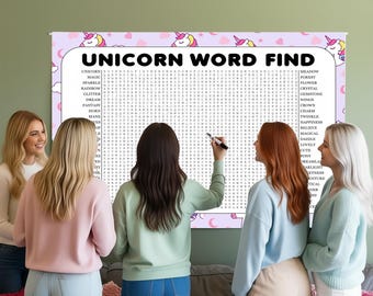 May include: A large, rectangular "Unicorn Word Find" puzzle with a purple border and unicorn illustrations. Five people are gathered around the puzzle, with one person using a marker to solve it. The puzzle includes a list of words to find.