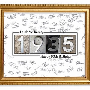 Year 1935, 90th Birthday Guestbook Sign, Personalized Birthday Gift Print, Memory Keepsake Signature Poster, Guestbook Alternative