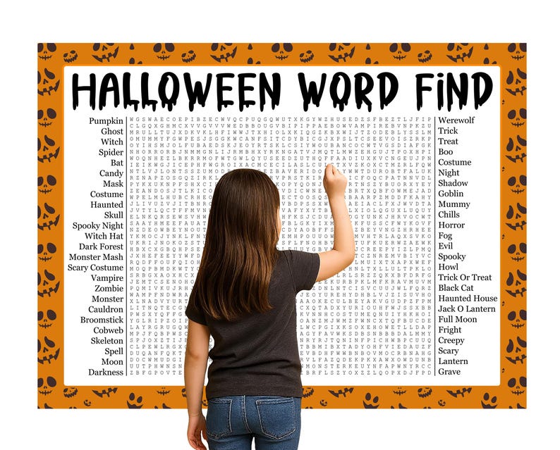 May include: A Halloween word search puzzle with an orange border decorated with jack-o'-lanterns. The puzzle is titled "HALLOWEEN WORD FIND" and features a list of Halloween-themed words. A young person is pointing at the puzzle.